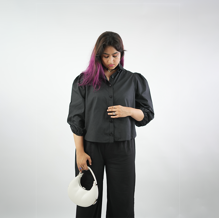 Black Puffed Sleeves Collared Button Up