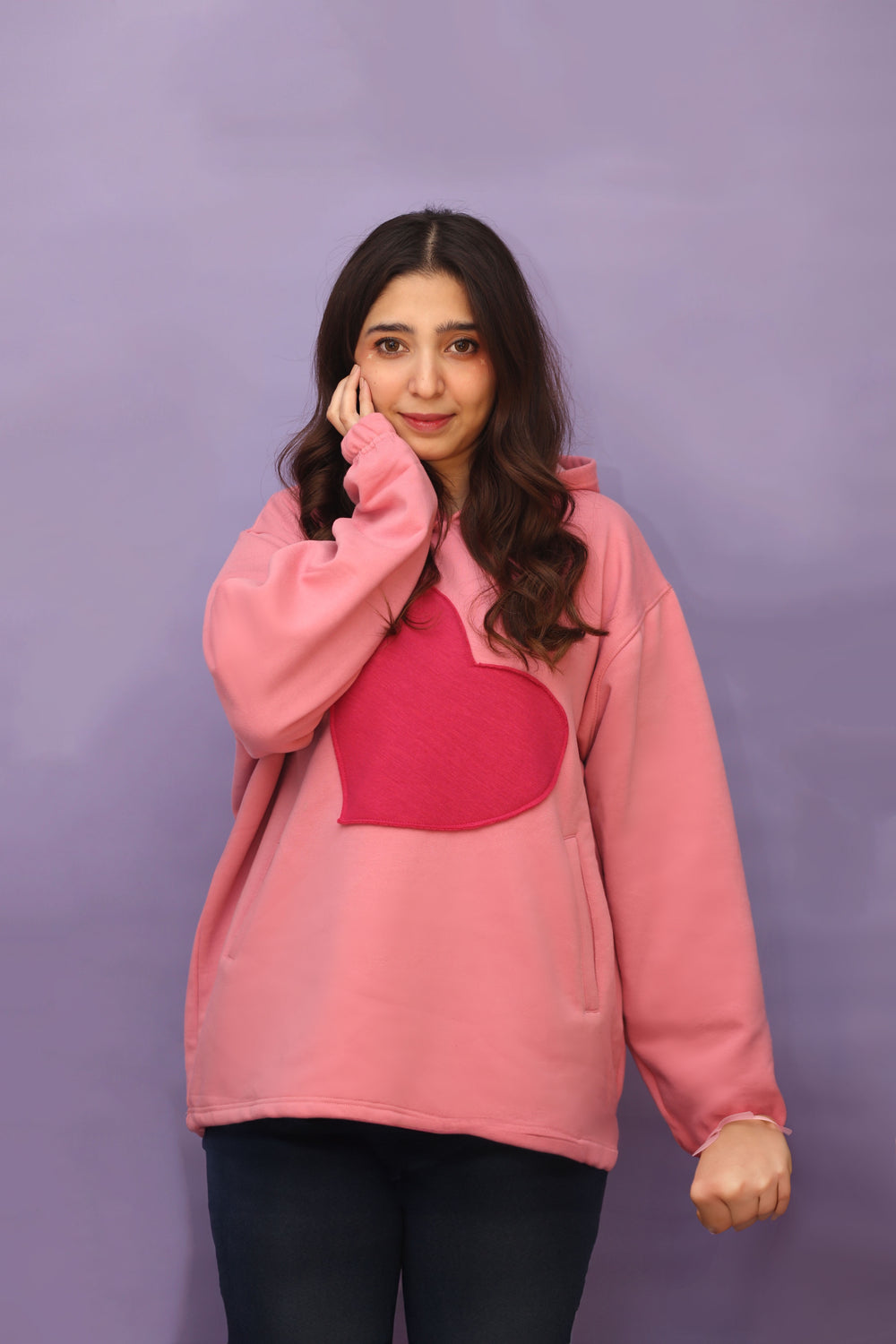 Pink Heart Patch Seamless Pocket Hoodie