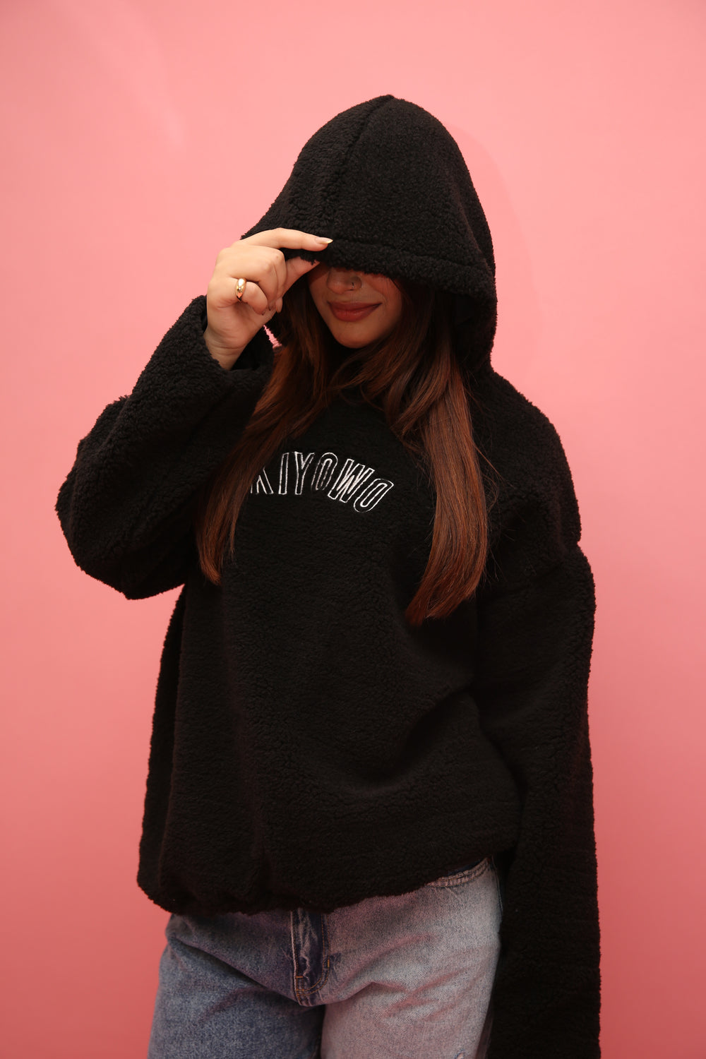 Letter Embroidered Black Teddy Hoodie