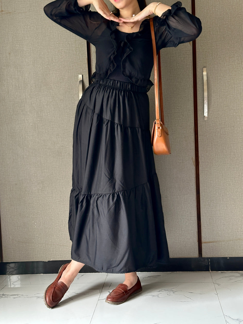 Black Asymmetrical Ruffle Maxi Skirt