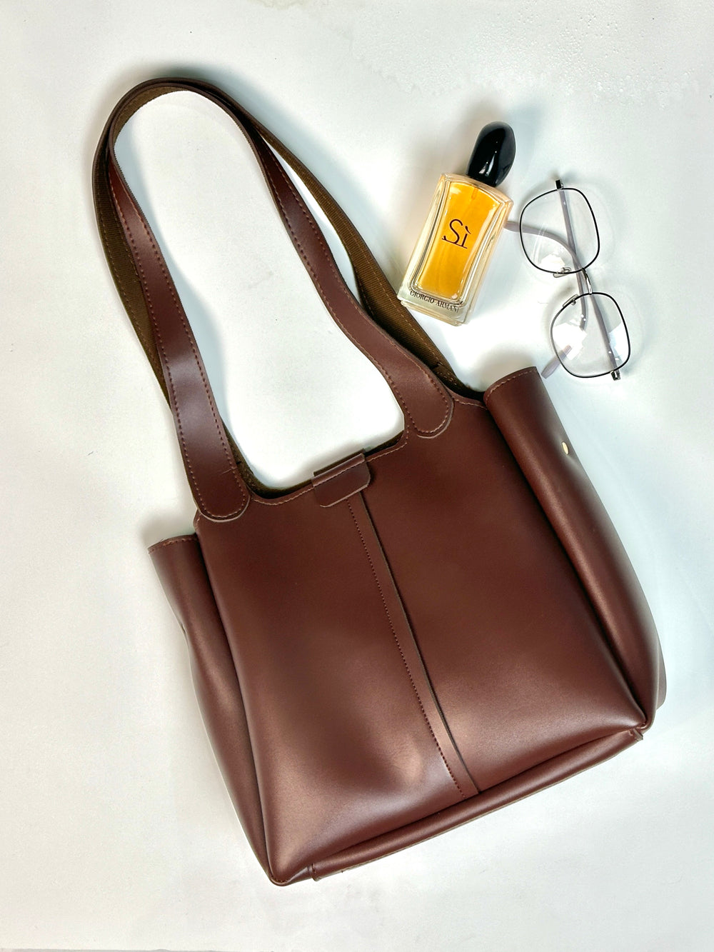 Brown Snap Button Square Tote Bag