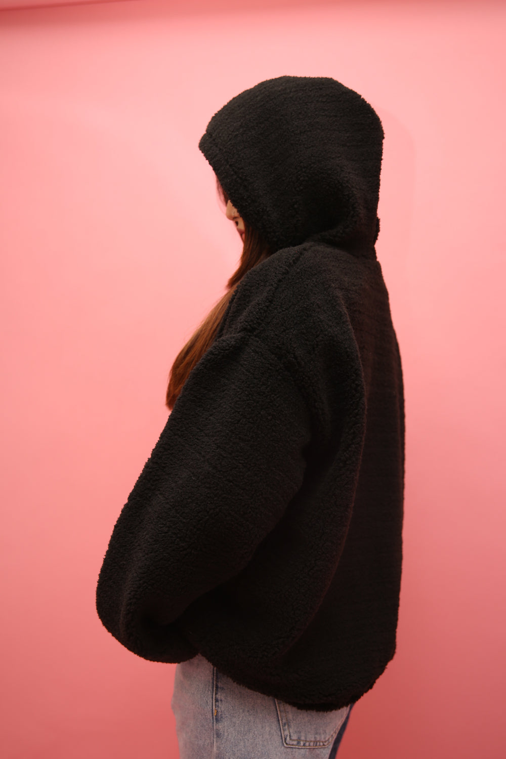 Letter Embroidered Black Teddy Hoodie