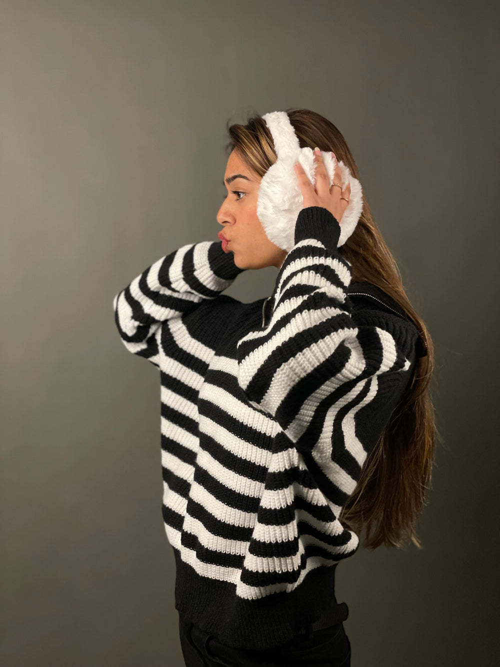 Zip-Up Striped Knitted Sweater