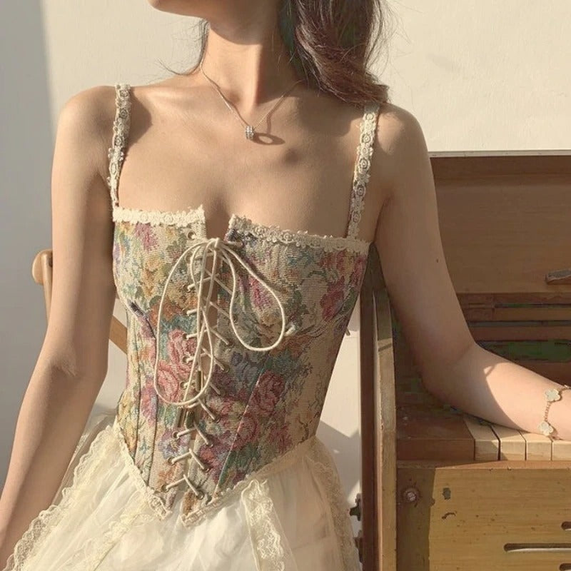 Lace-Up French Cottage-core Tapestry Corset top